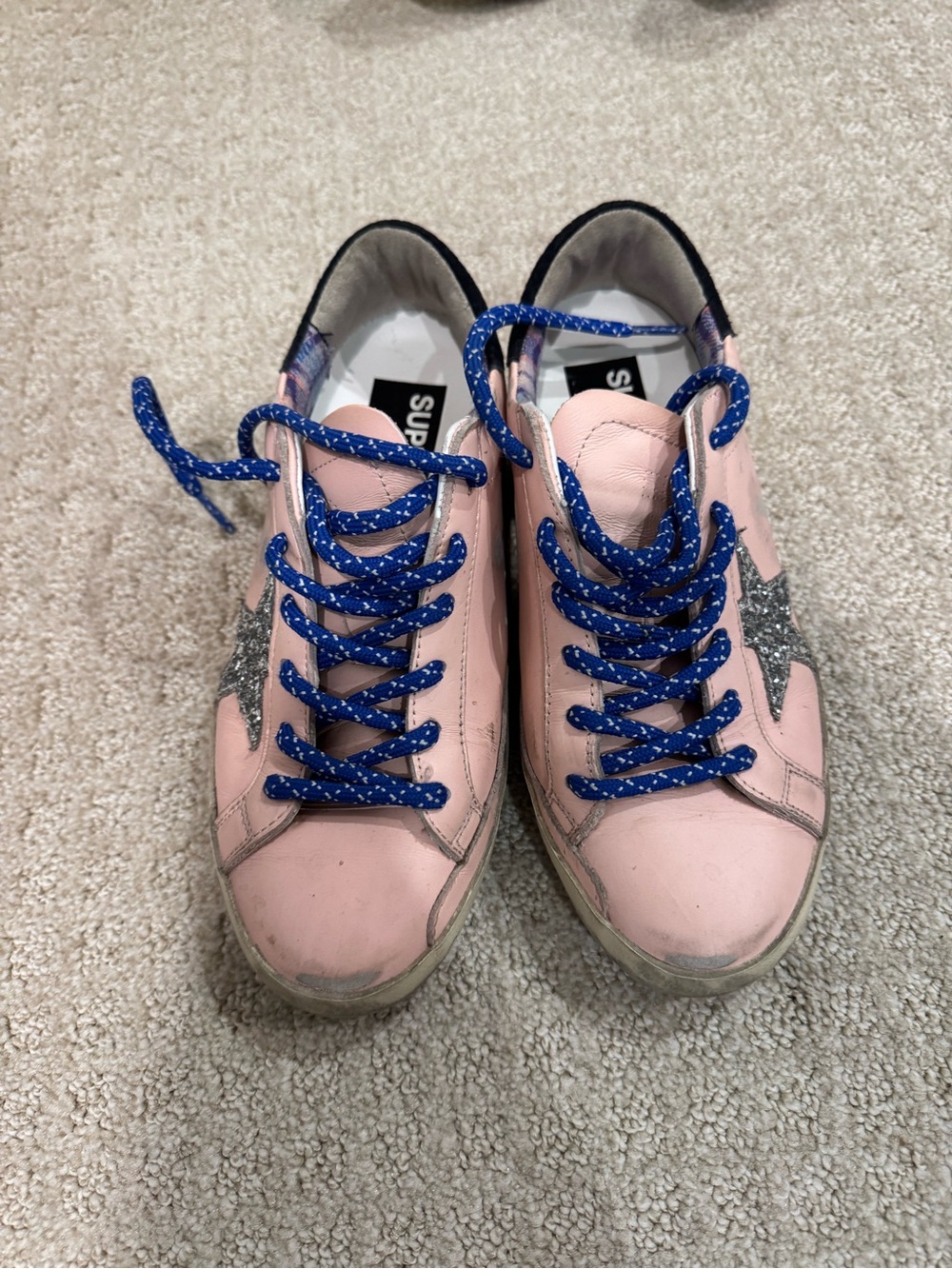 Golden Goose Pink Low-Top Sneakers with Blue Laces and Silver Glitter SuperStar